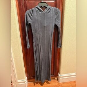 Charcoal Gray Ribbed Knit Hoodie w/ Small Leg Slit Maxi Dress